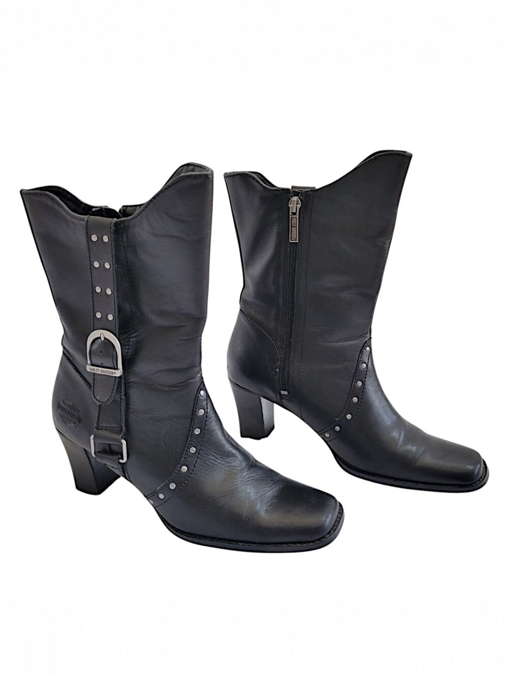 Harley Davidson Johanna Studded‎ Black Leather Moto Boots Heel Size 8.5